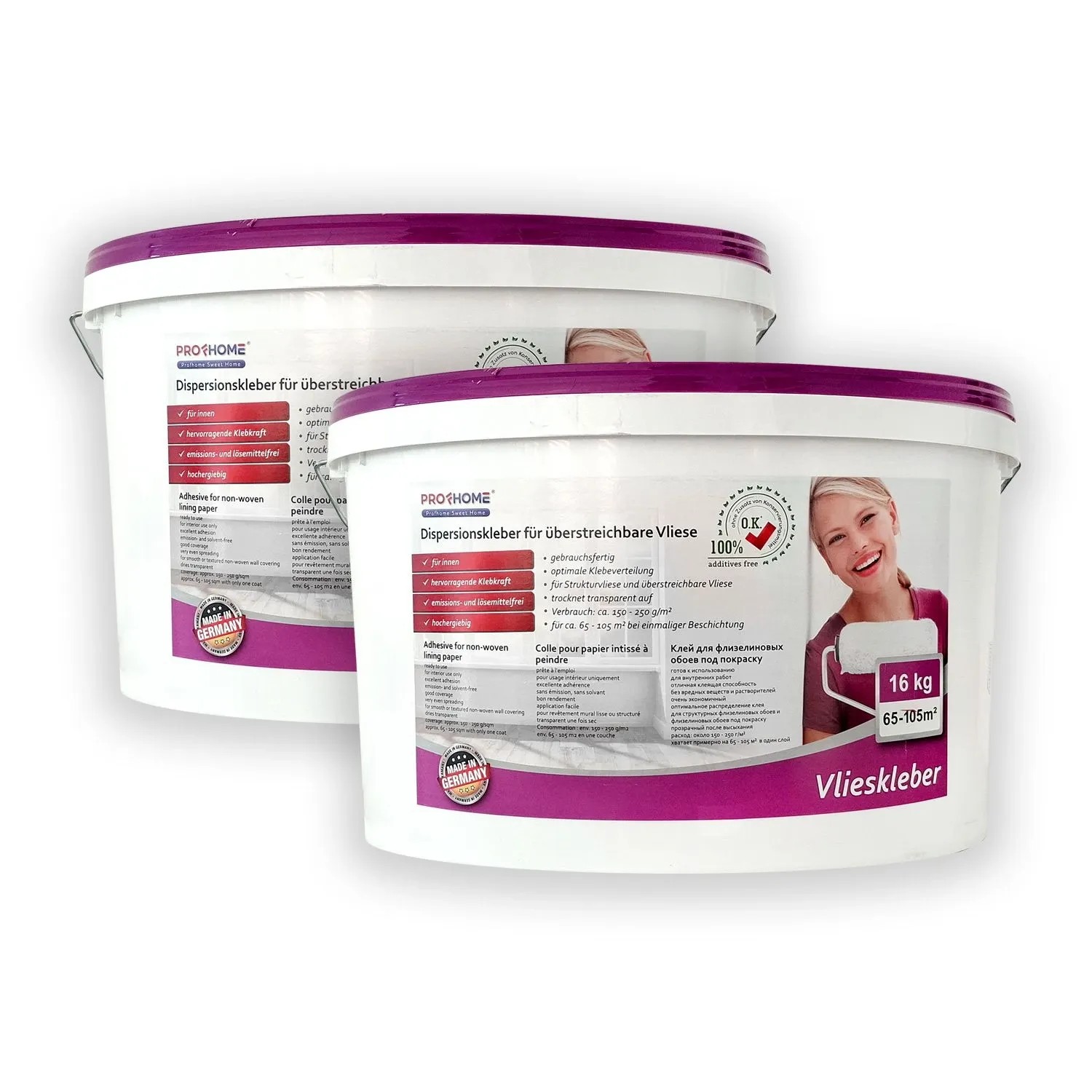 PROFHOME Vlieskleber Kleber für Malervlies Renoviervlies max. 3360 qm 1 Palette mit 32 Eimern 512 kg Weiß_4