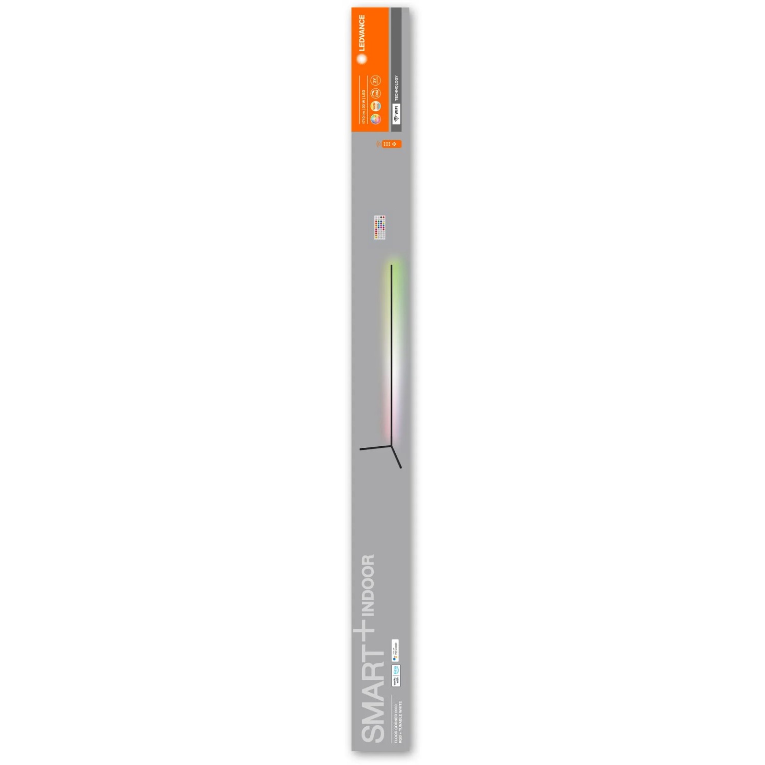 Verpackung der Ledvance Smart+ WiFi Stehleuchte, Boden-Ecke, RGBTW, Schwarz, 200 cm.