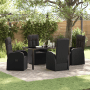 Schwarze 5-teilige Garten Essgruppe aus Poly Rattan mit Tisch und Sesseln inklusive Kissen.