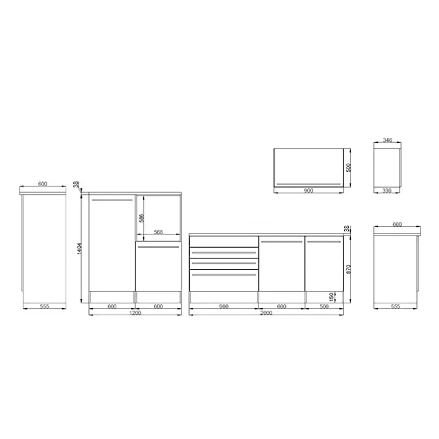 Skizze des Respekta Küchenblocks Gabriel 320 cm in Grau Hochglanz, Maße und Anordnung der Elemente.