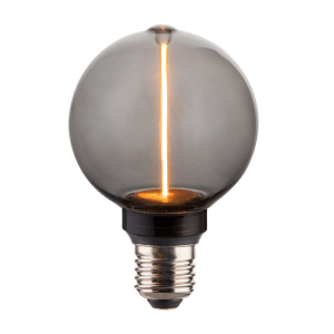 Dimmbare LUXULA LED Filament Lampe mit Rauchglas in Kugelform und E27 Fassung.