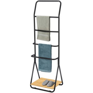 Wenko Handtuchständer Verona, schwarz matt, mit 4 Stangen, Bambusablage und Handtüchern.