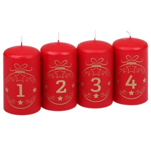 Steinhart Adventskerzen, 4 rote Stumpenkerzen mit goldenen Zahlen 1-4 und Ornamenten.