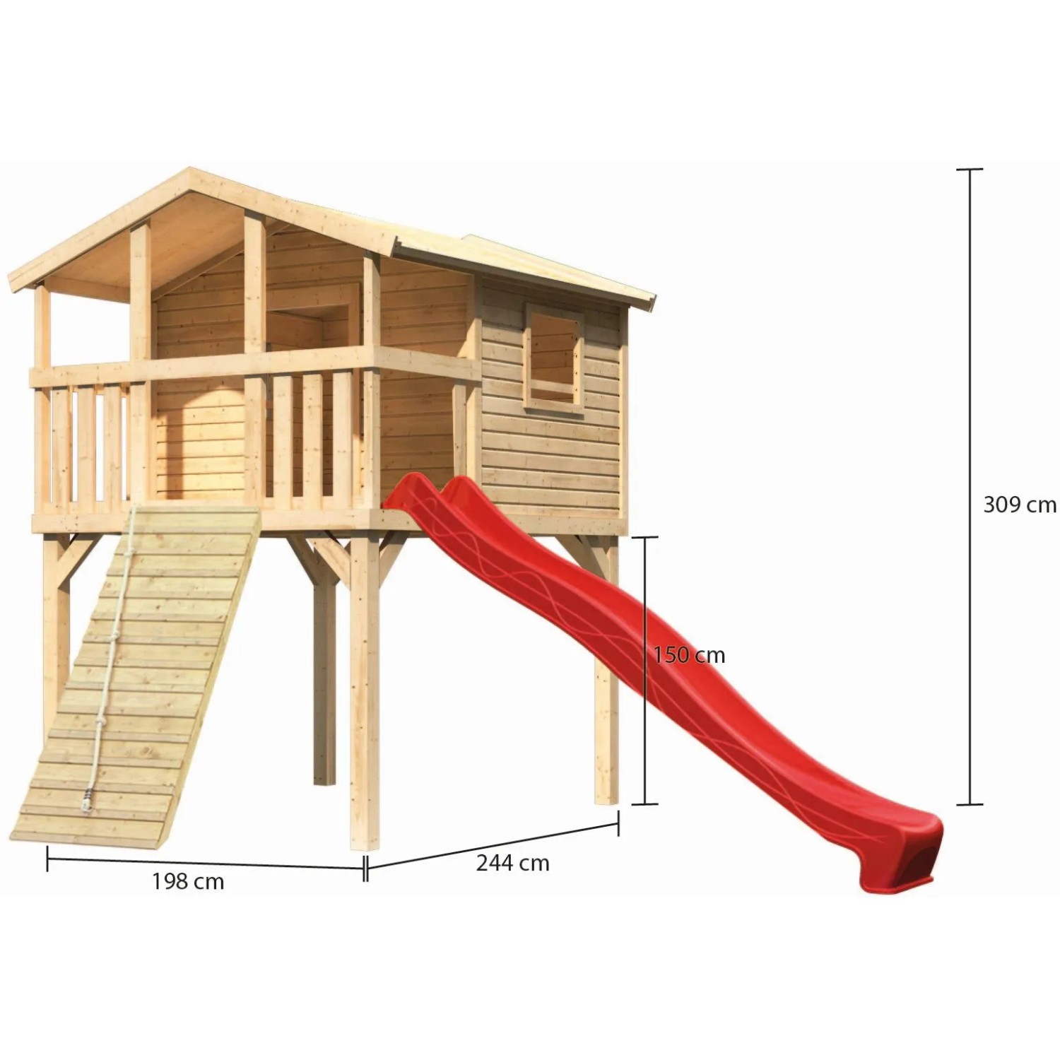 Karibu Stelzenhaus Benjamin mit roter Rutsche und Holzrampe. Spielturm aus Holz in Natur.