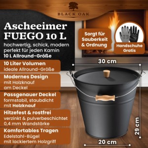 Schwarzer BLACK OAK Ascheeimer FUEGO 10L aus Metall mit Deckel, Holzknauf und Holzgriff für Kamin & Grill.