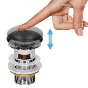 Bedienung der Ablaufgarnitur für ein ML-Design Waschbecken in Schwarz Matt per Fingerdruck.