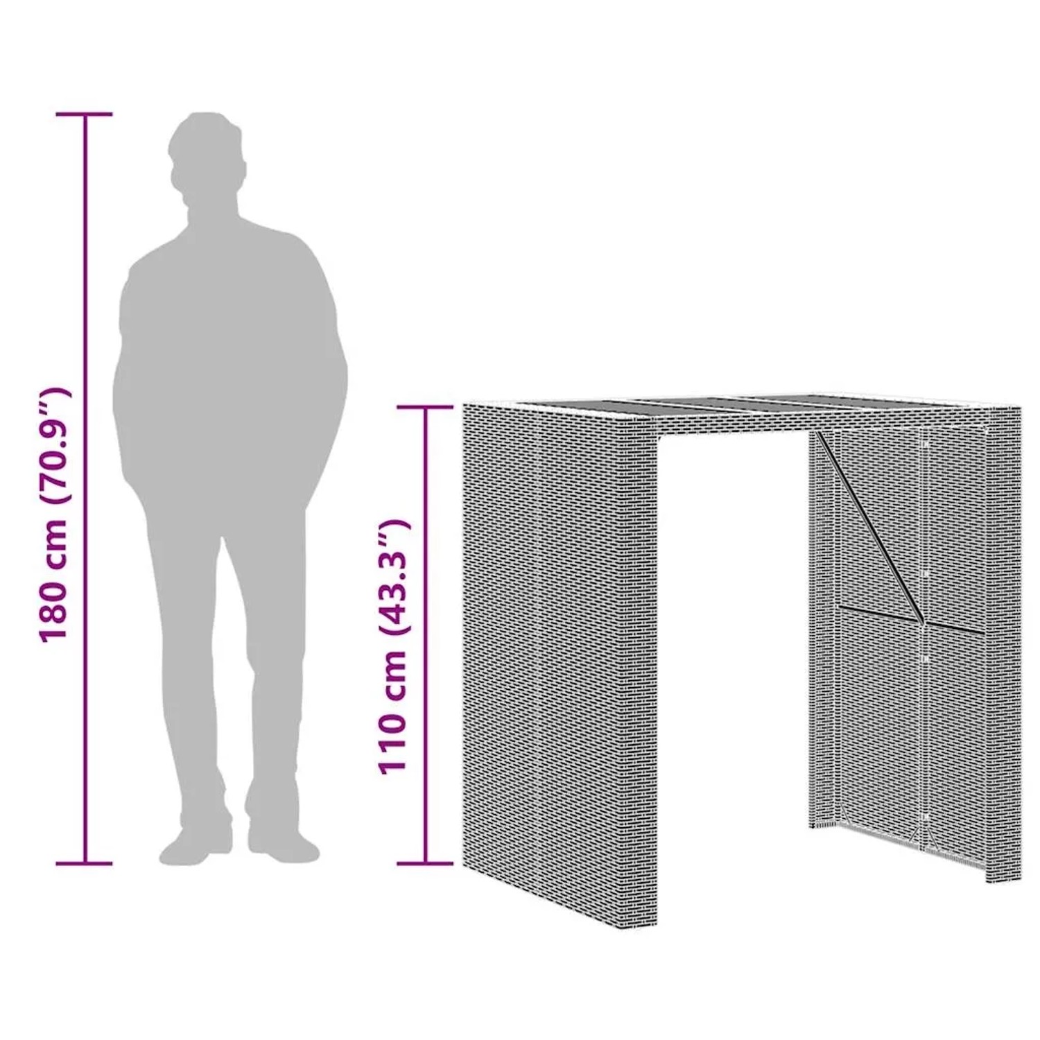 vidaXL Gartenbar-Set, 5-teilig, grau, Poly Rattan, Akazie. Abmessungen und Größenverhältnisse werden dargestellt.