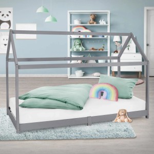 ML-Design Kinderbett 90x200 cm in Hellgrau mit Dach und Lattenrost als Hausbett.