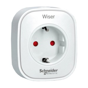 Weiße Schneider Electric Wiser Steckdose für Hausautomation, Zwischenstecker für Smart Home.