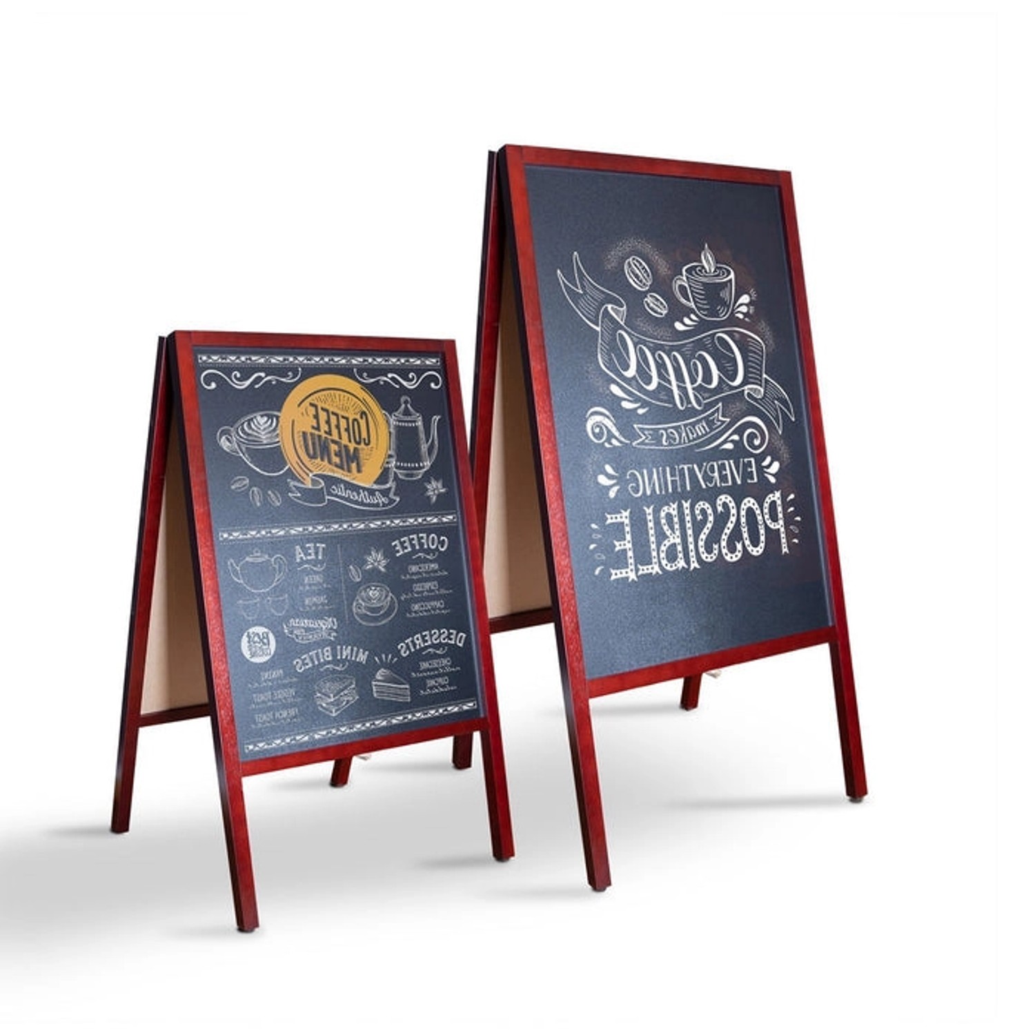 Kundenstopper Kreidetafel mit Holzrahmen in Braun, beschriftet mit "Coffee" und Menü.
