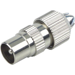 Metallfarbener Schwaiger Koaxstecker für Antennenanschluss an TV-Geräten und Antennenverstärkern.
