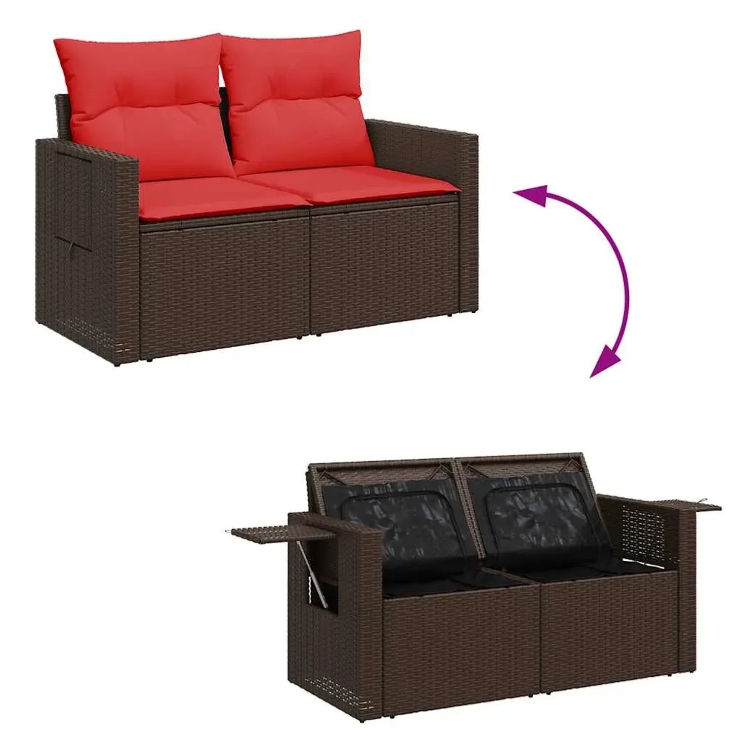 Braune 9-teilige Garten-Sofagarnitur aus Polyrattan mit roten Kissen und Stauraum.