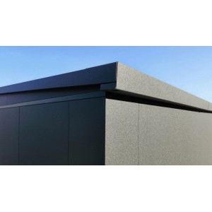 Detailansicht: Weka Metall-Gerätehaus Gary, 192x198 cm, Anthrazit, Ecke mit Dach
