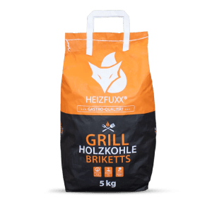 Heizfuxx Grill Holzkohle Briketts 5kg Sack, orange-schwarz mit Fuchs-Logo. Ideal für langanhaltende Glut.
