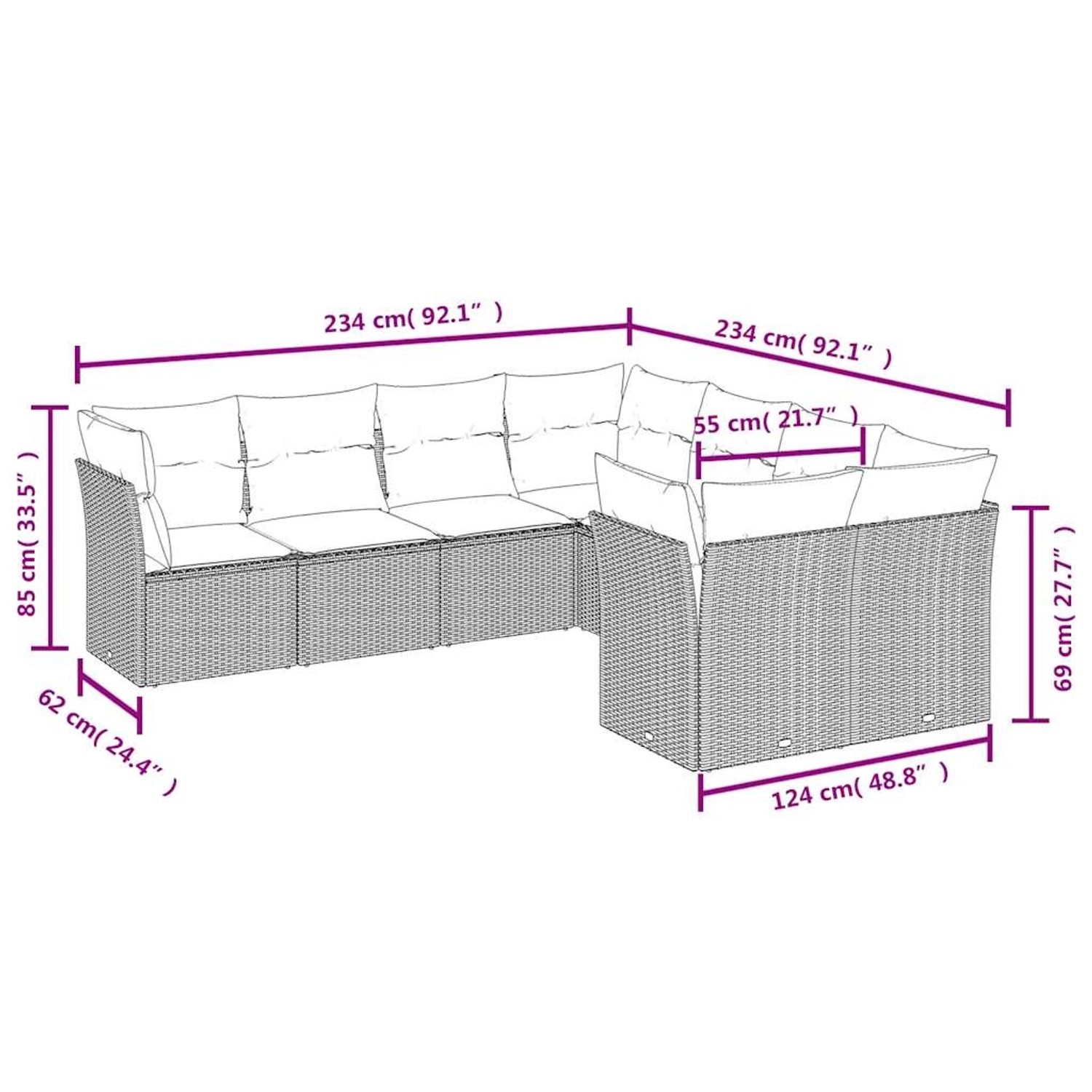 vidaXL Garten-Sofagarnitur, 8-teilig, beige Poly Rattan, mit Maßangaben.