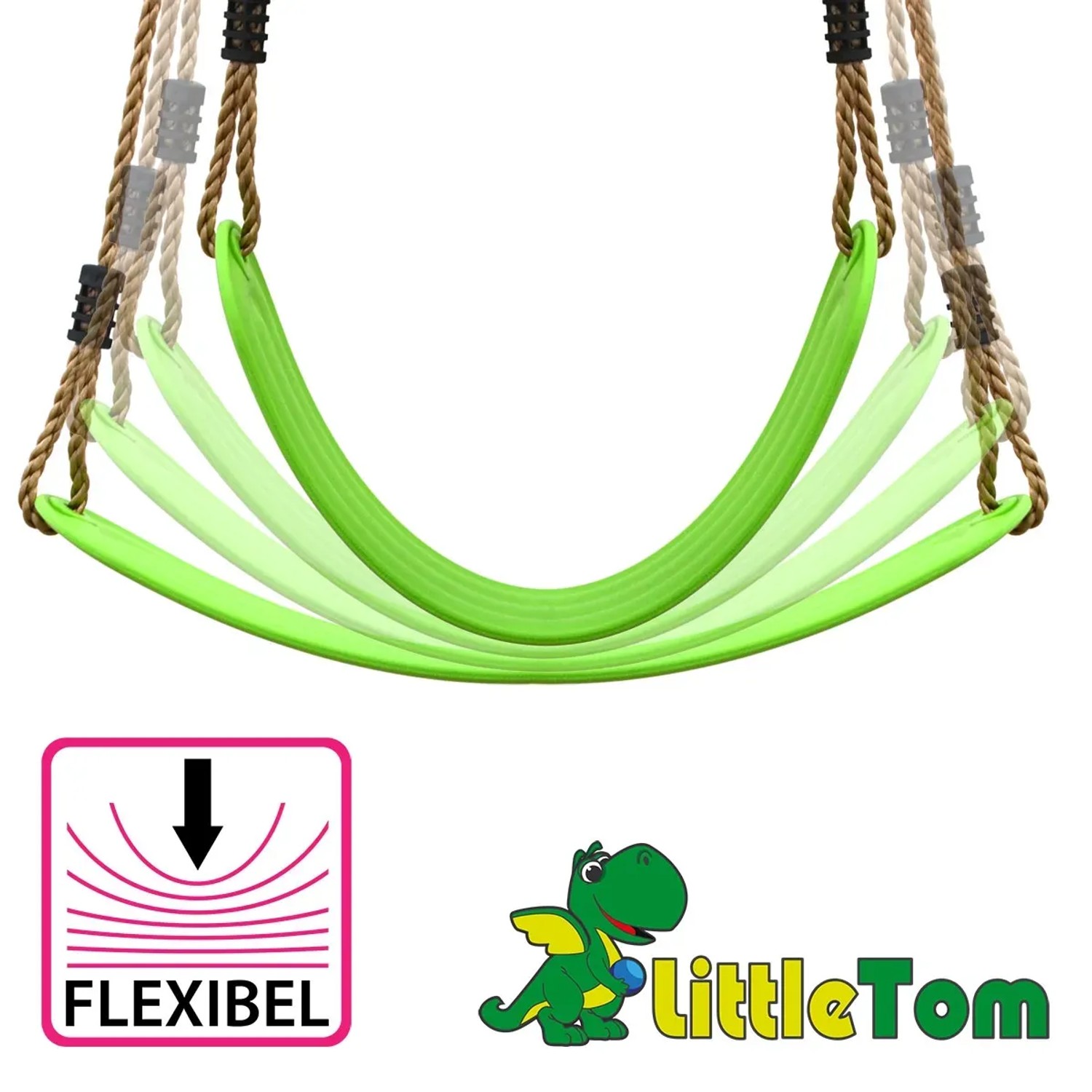 Grüne LittleTom Brettschaukel, flexible Kinderschaukel für drinnen und draußen, bis 100 kg belastbar.