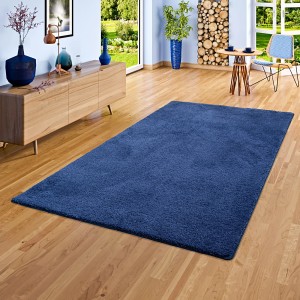 Dunkelblauer Snapstyle Hochflor Shaggy Teppich Palace, 200x200cm, auf Holzboden.