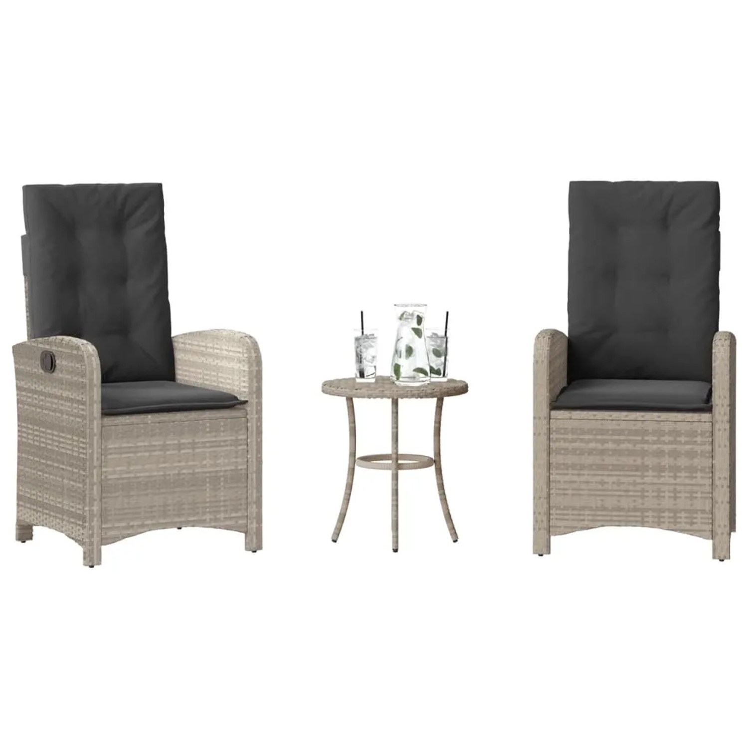 Hellgraues 3-tlg. Bistro-Set aus Polyrattan mit anthrazitfarbenen Kissen. Gartenmöbel für Balkon oder Terrasse.