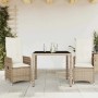 3-teiliges Garten-Bistro-Set aus Rattan mit Kissen in Beige. Gartenmöbel für Terrasse und Balkon.