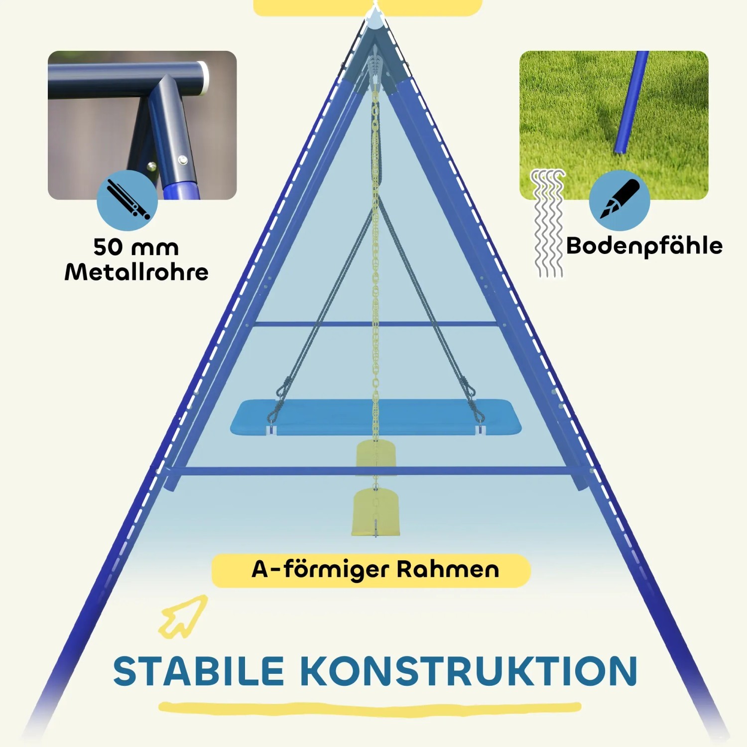 Detailansicht AIYAPLAY Kinderschaukel: A-Rahmen, Metallrohre, Bodenanker für Stabilität.
