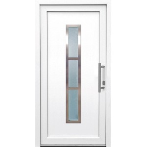 Weiße Kunststoff-Haustür mit Glaseinsatz, 100x200 cm, Anschlag rechts.