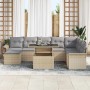 Beiges 9-teiliges vidaXL Garten-Sofa-Set aus Poly Rattan mit Tisch und grauen Kissen.