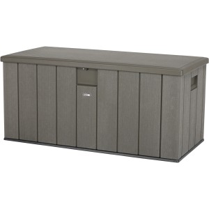 Dunkelgraue Lifetime Gartenbox, 151x72x69 cm, ideal zur Aufbewahrung von Gartenutensilien und als Sitzbank.