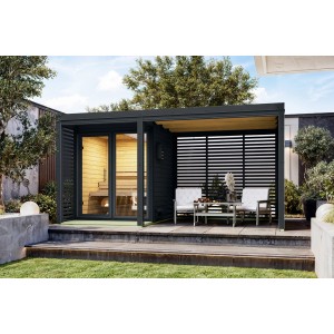 Karibu Anbaudach für Seros Saunahaus in Anthrazit mit Lamellenwand und Sitzbereich.