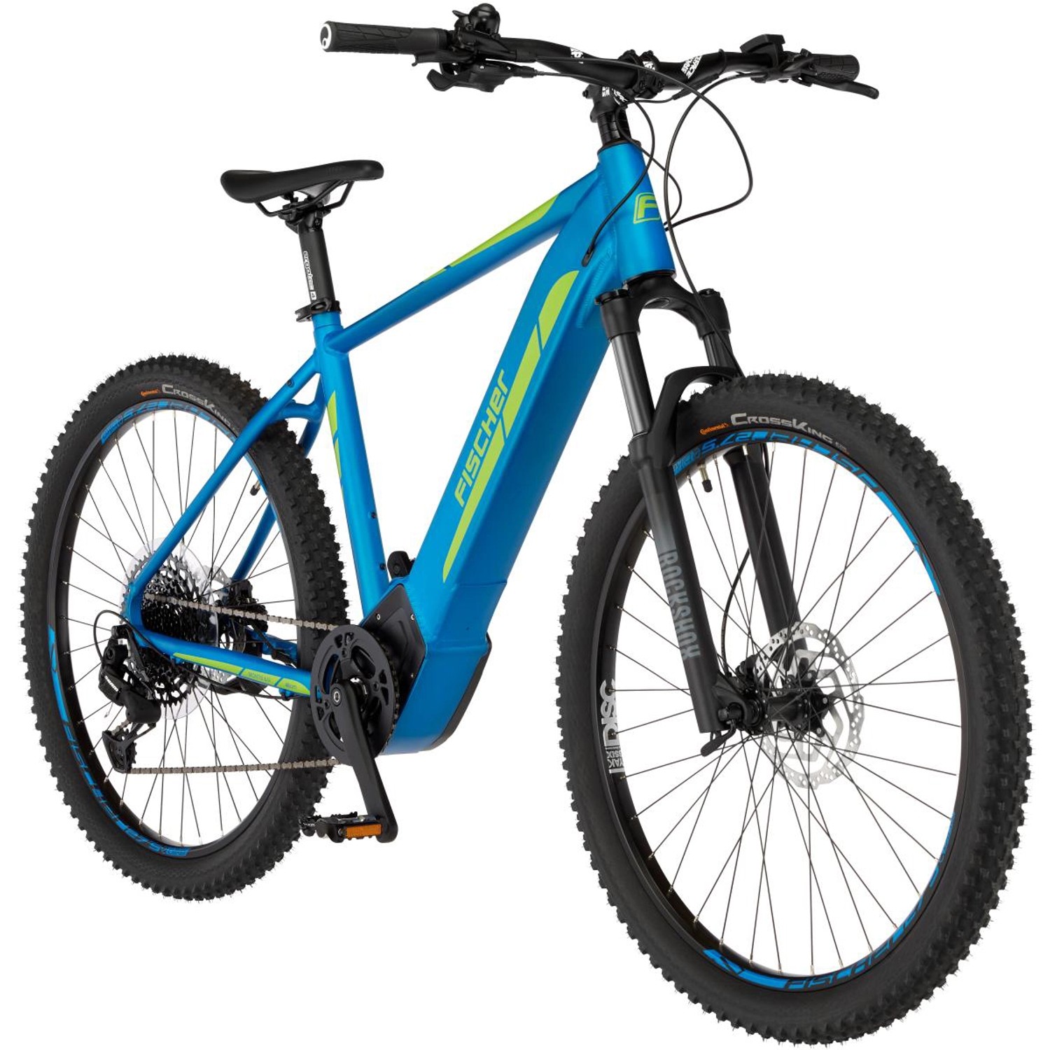 Blaues Fischer E-Bike Montis 6.0i mit Diamantrahmen und Brose Mittelmotor.