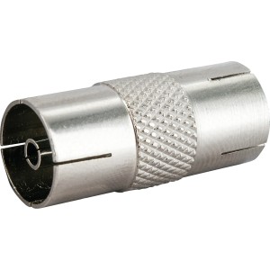 Schwaiger IEC Adapter, silberner Antennen-Verbinder mit IEC Buchsen für Antennenkabel.