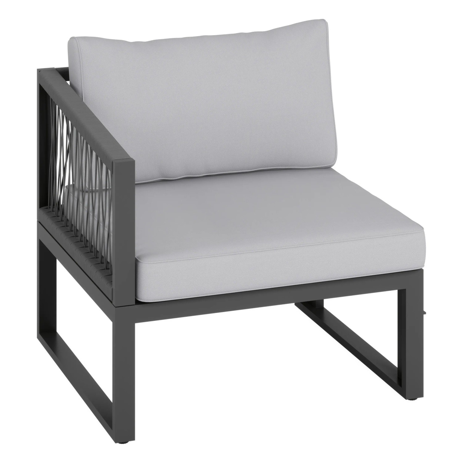 Lounge-Ecksessel Willa, Teil eines 4-teiligen Gartenmöbel-Sets aus Aluminium in Anthrazit mit grauen Kissen.