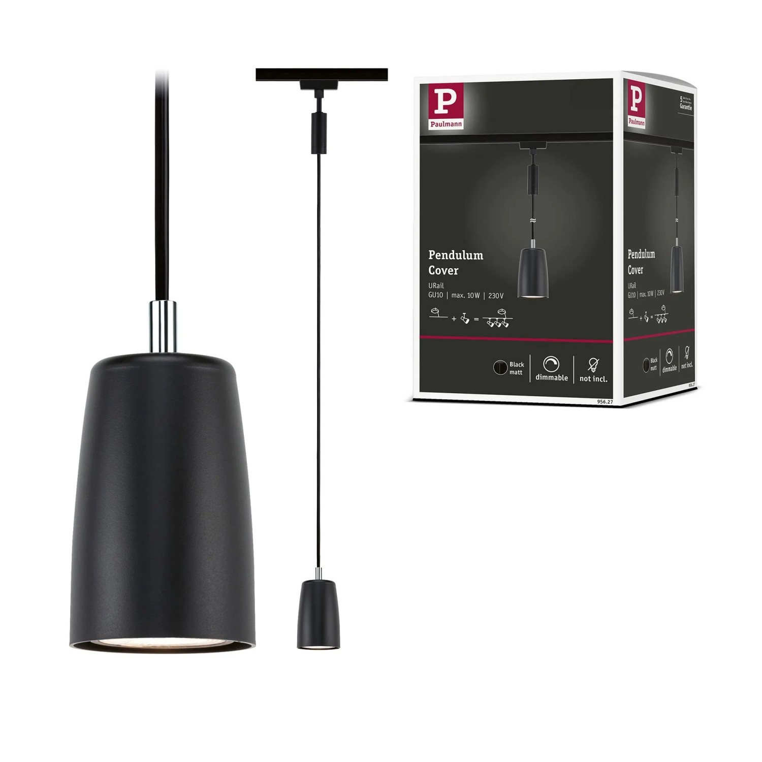 Paulmann Pendel Cover URail in Schwarz Matt, Ø 6,5 cm. Elegante Hängeleuchte für LED-Schienensysteme.