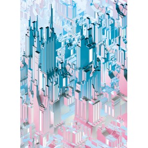 Komar Fototapete mit abstraktem Stadt-Motiv in Blau und Rosa, 184x254 cm.