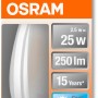 Osram LED-Leuchtmittel E14 Kerzenform, 2,5W, 250lm, 10x3,5cm in Verpackung.