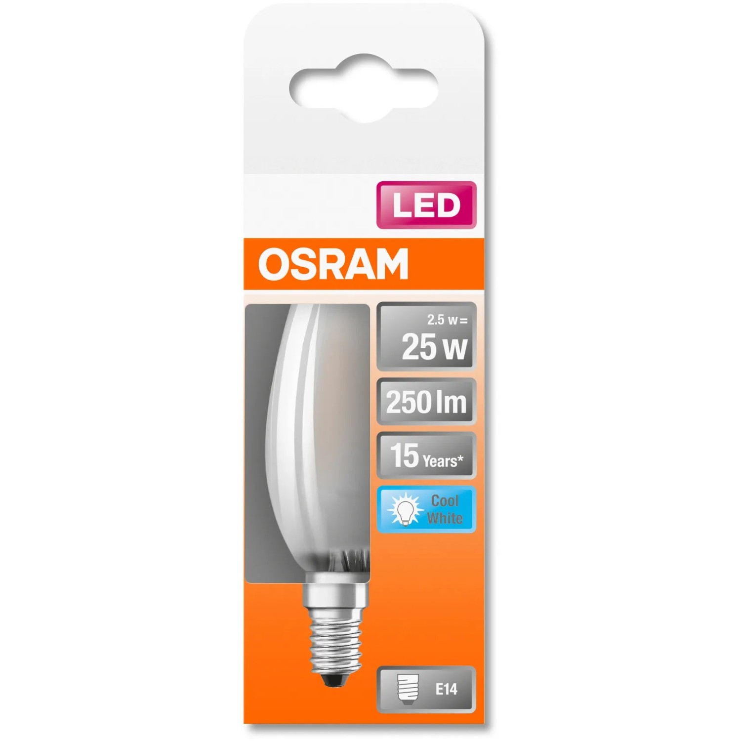 Osram LED-Leuchtmittel E14 Kerzenform, 2,5W, 250lm, 10x3,5cm in Verpackung.
