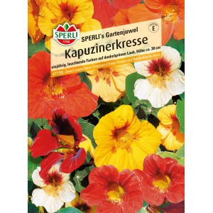 Samenpackung Sperli Kapuzinerkresse Gartenjuwel mit bunten Blüten in Rot, Gelb und Weiß.
