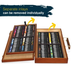 Artina Pastilo Holzkoffer mit 96 Pastellkreiden, geöffnet. Künstlerfarben-Set mit großer Farbauswahl.