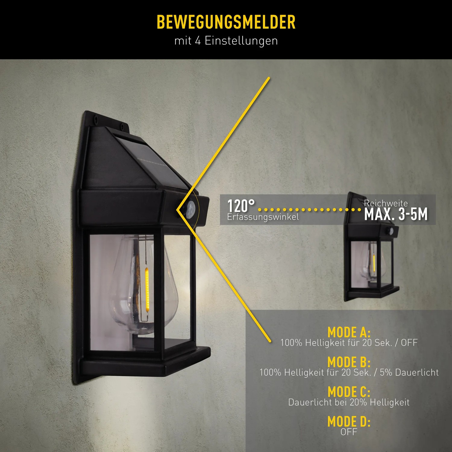 Schwarze Näve LED Solar Wandleuchte Mira, 2er-Set, mit Bewegungsmelder und verschiedenen Modi.