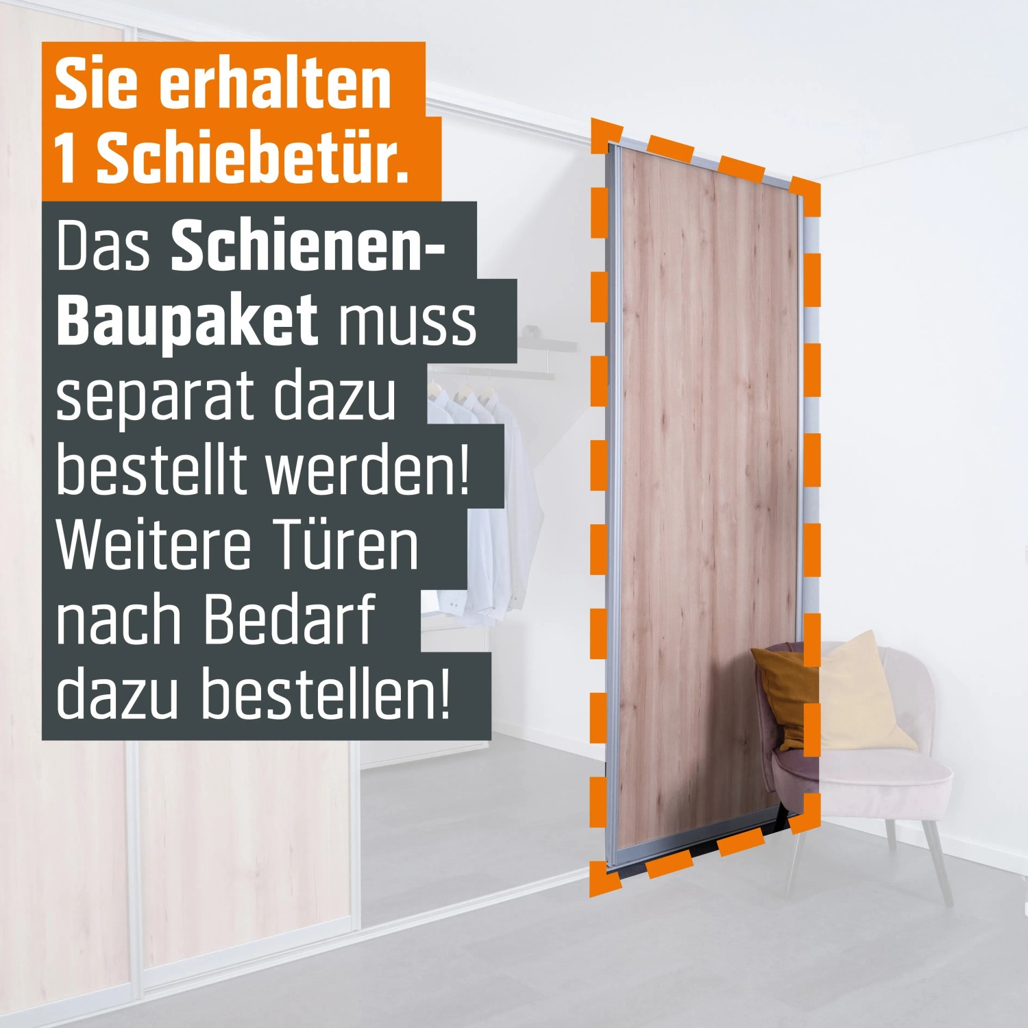 Schiebetür-Baupaket in Buche Naturewood Dekor mit silbernem Profil. Ideal für begehbare Schränke und Raumteiler.
