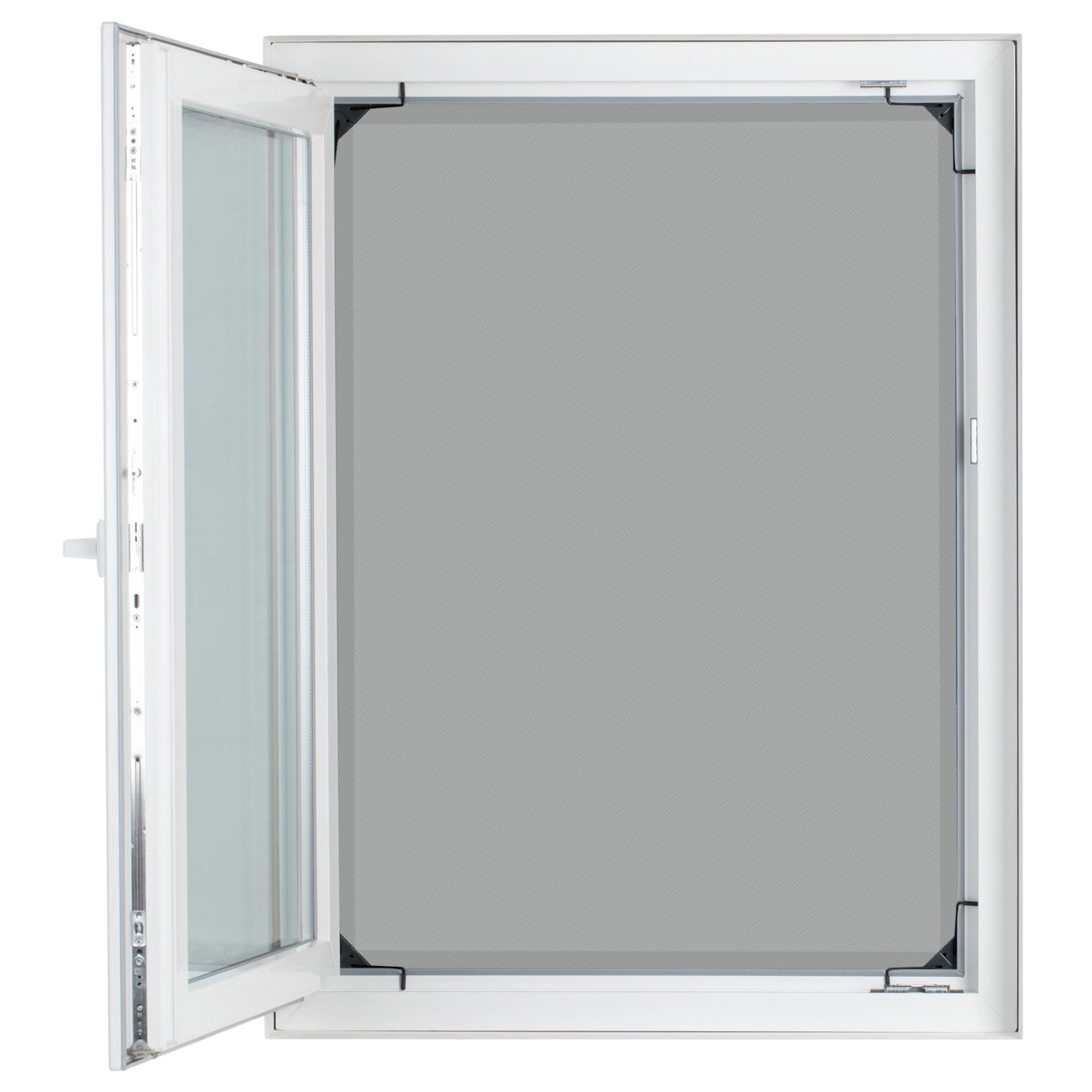 Easymaxx Moskitonetz Magic Fit, 115x135cm, anthrazit, im geöffneten Fensterrahmen.