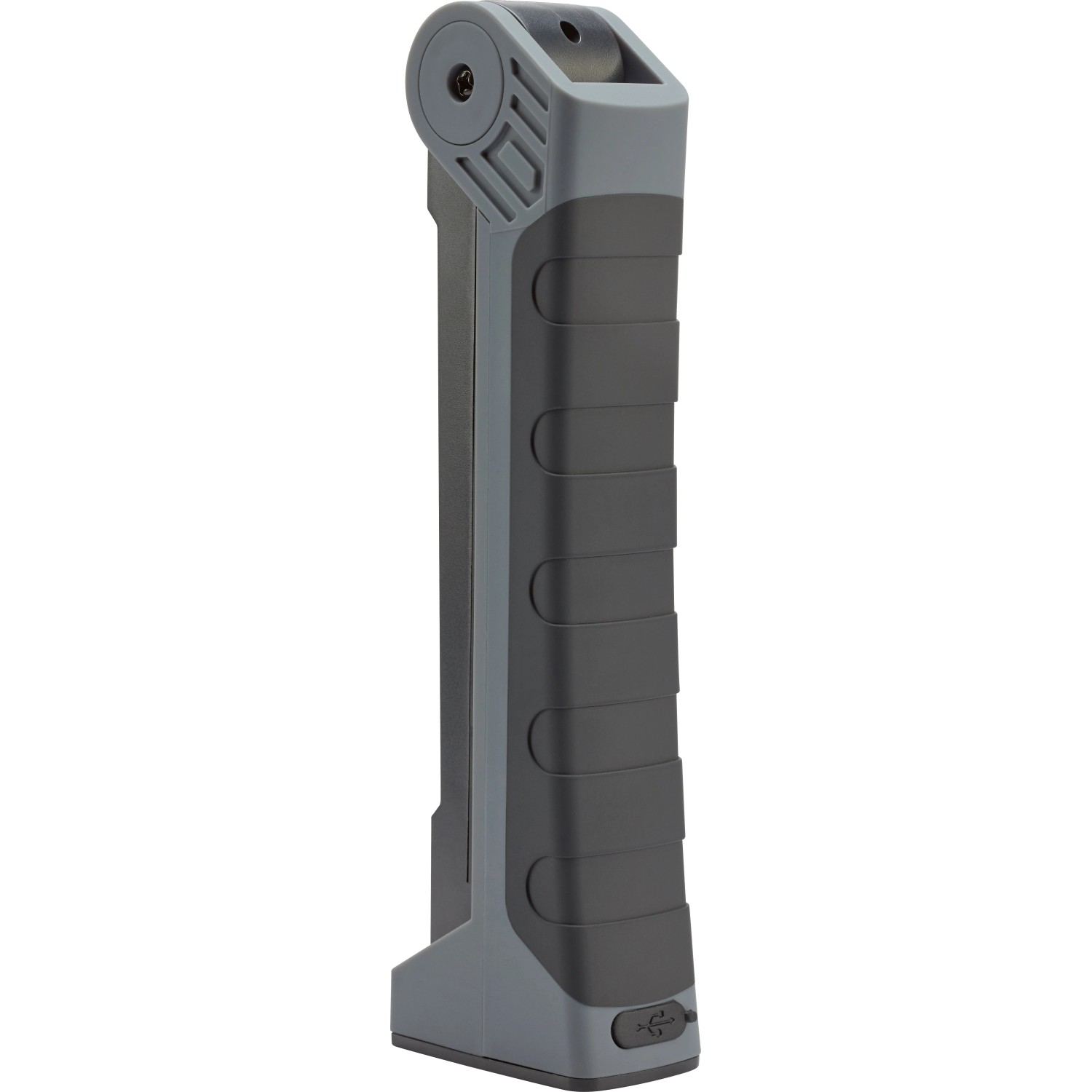 Klappbare LED Arbeitsleuchte in Schwarz-Grau, aufladbar, 300 Lumen, für Werkstatt & Baustelle.