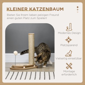 PawHut Kratzstamm mit Spielzeug: Kleiner Kratzbaum mit Holzkugel und Drehscheibe für Katzen.