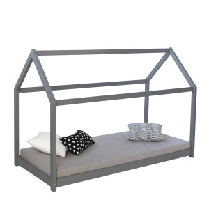 Graues Homestyle4u Kinderbett 80x160 cm im Hausdesign mit Matratze und Kissen.