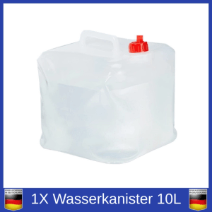 Transparenter, faltbarer 10L Wasserkanister mit rotem Verschluss und Tragegriff für Camping & Notfall.