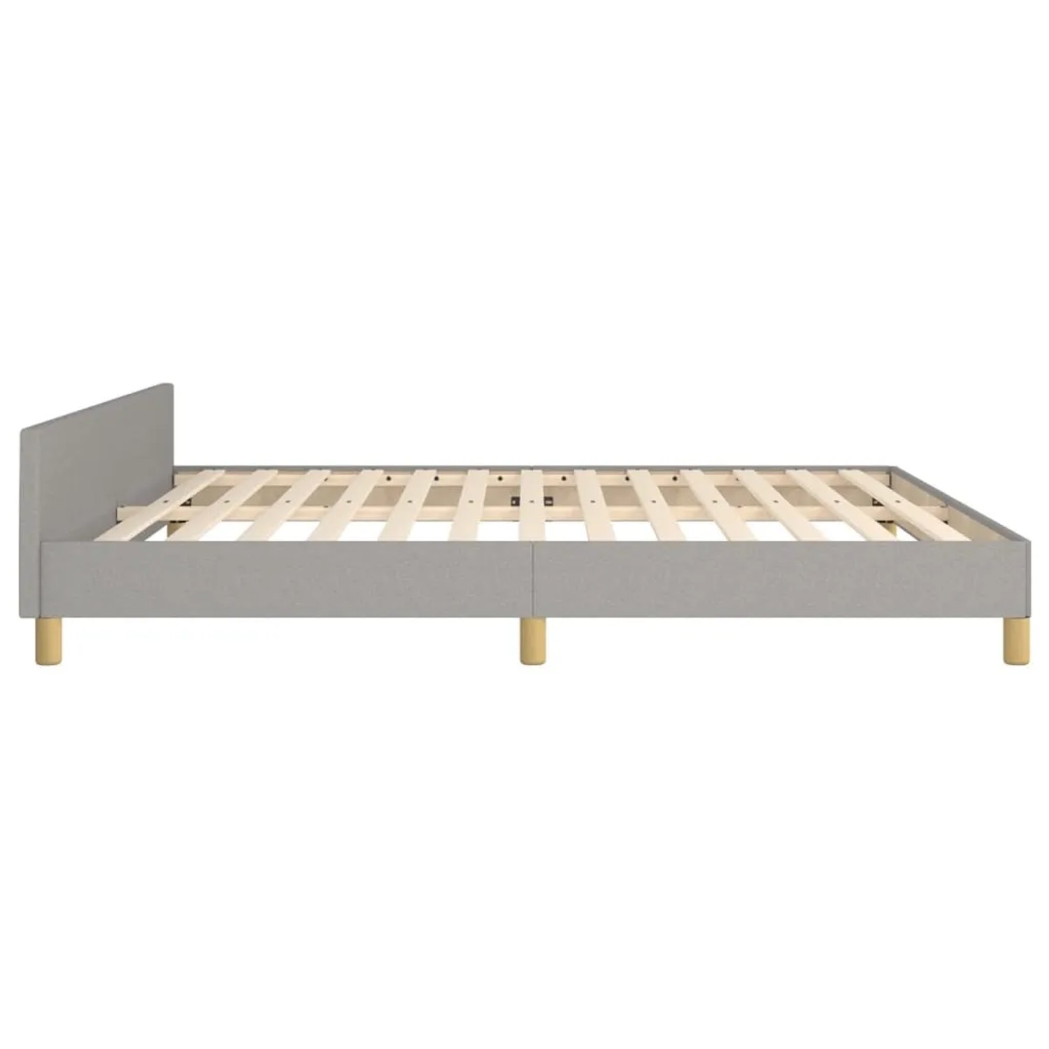 Hellgraues Stoff-Bettgestell 180x200 cm mit Holzlattenrost und Kopfteil.