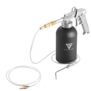 STAHLWERK Druckbecherpistole mit schwarzem 1100 ml Behälter, silbernem Griff und transparenten Schläuchen für Korrosionsschutz.