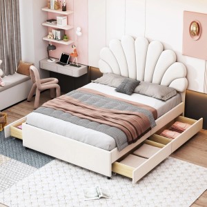 Beiges okwish Polsterbett 140x200 mit Stauraum und muschelförmigem Kopfteil im Kinderzimmer.