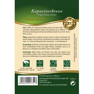 Samentüte Kapuzinerkresse 'Kaiserin von Indien'. Scharlachrote Blüten auf dunklem Laub.