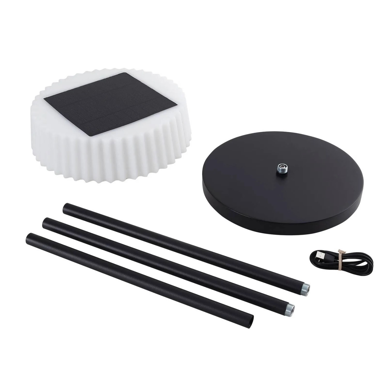 Lindby LED Solarleuchte Samine, Einzelteile: Lampenschirm, Stangen, Fuß und USB-Kabel.