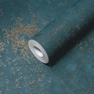 Vliestapete petrol-gold mit Metallic-Effekt und Spachtel-Struktur.